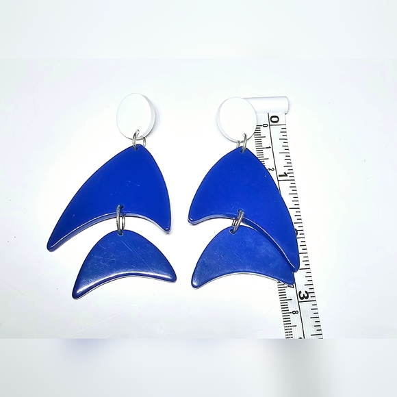 Modern abstract blue and white fish shade post dangle earrings, Nautical, aqua - Picture 6 of 6